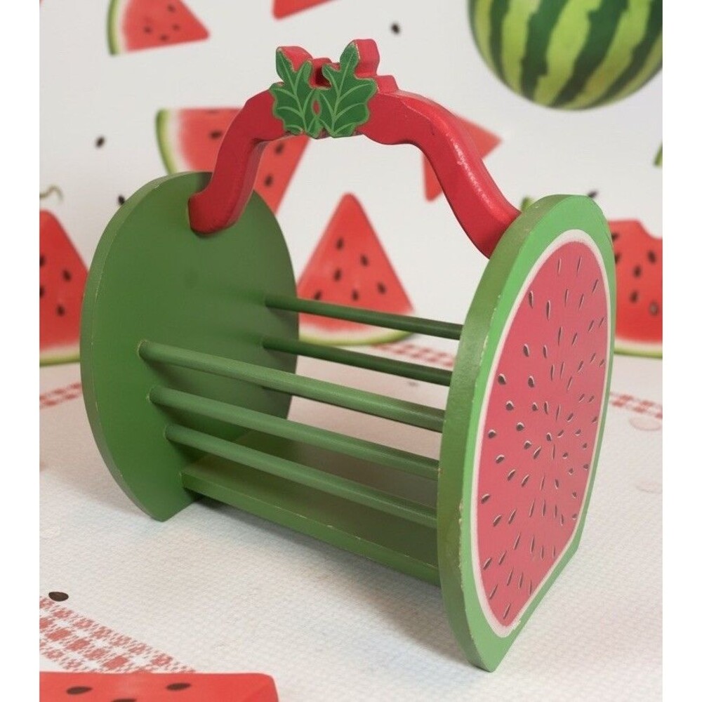 Vintage Wooden Watermelon Basket Rack Holder Kitchen Decor Fruit Theme Summer